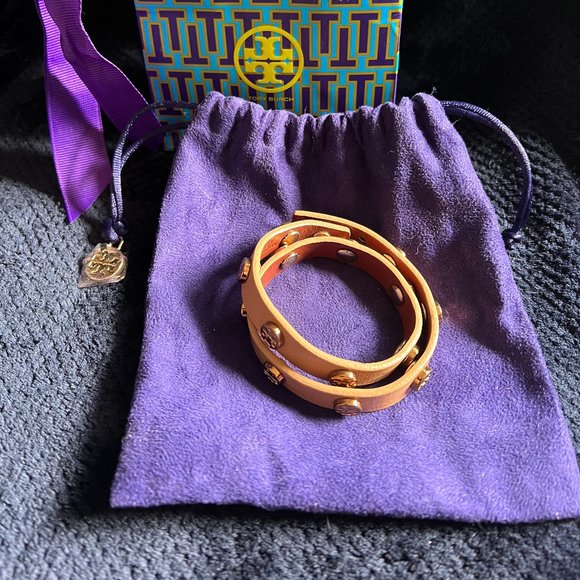 TORY BURCH Double Wrap Leather Logo Bracelet 🎁 in Original Drawstring Pouch - Picture 2 of 3